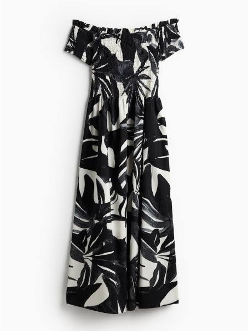 H&M Black & White Patterned Off-Shoulder Smocked Midi Dress